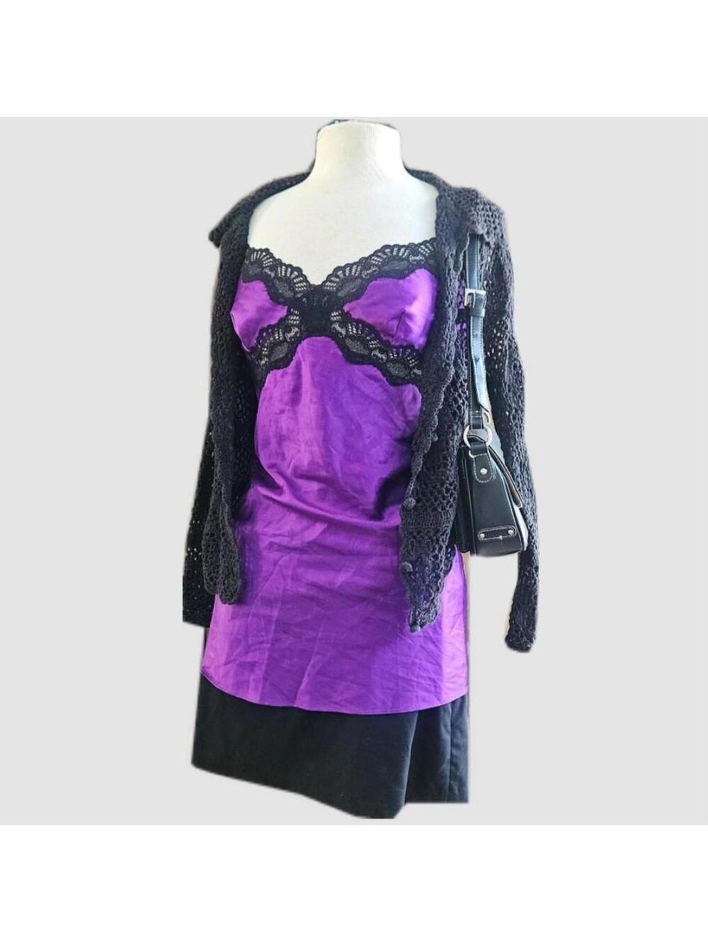 Y2K VTG Victoria's Secret Purple Slip Dress, Black Lace Babydoll Large